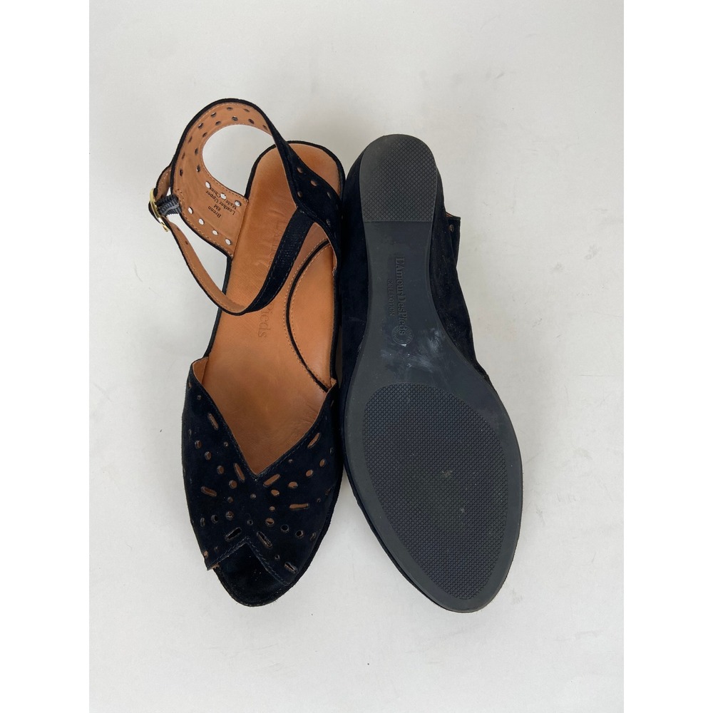 L'amour Des Pieds Brenn Size 8M Black Suede Laser Cut Peep Toe Wedge Sandals - Picture 10 of 10